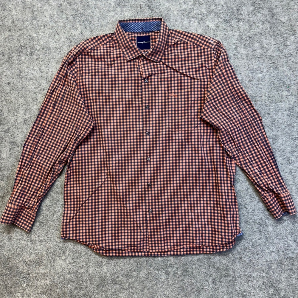 Tommy Bahama Button Down SHIRT Mens XL Orange Navy Gingham Excellent Pima Cotton